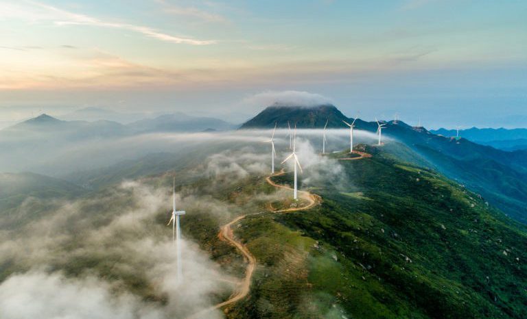 Cloudy mountain wind turbines