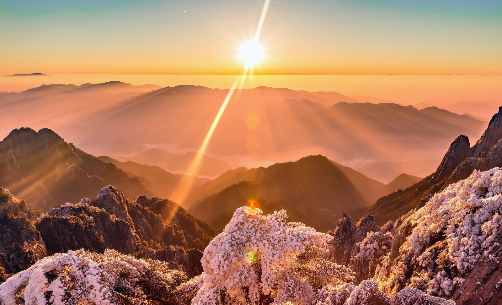 Mountain sunrise snow